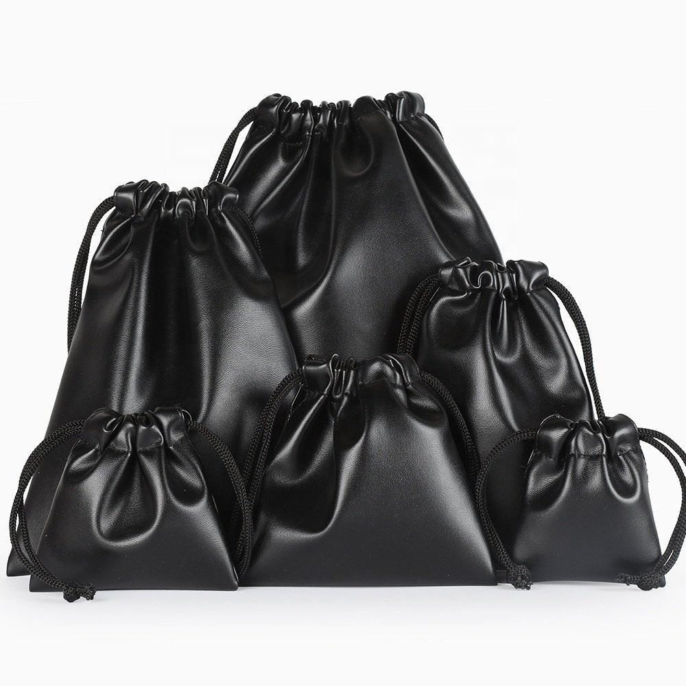 Various Sizes Available Mini Drawstring Storage Bag Gift Packing Bag Cool Black Custom Small PU Leather Bag for Jewelry