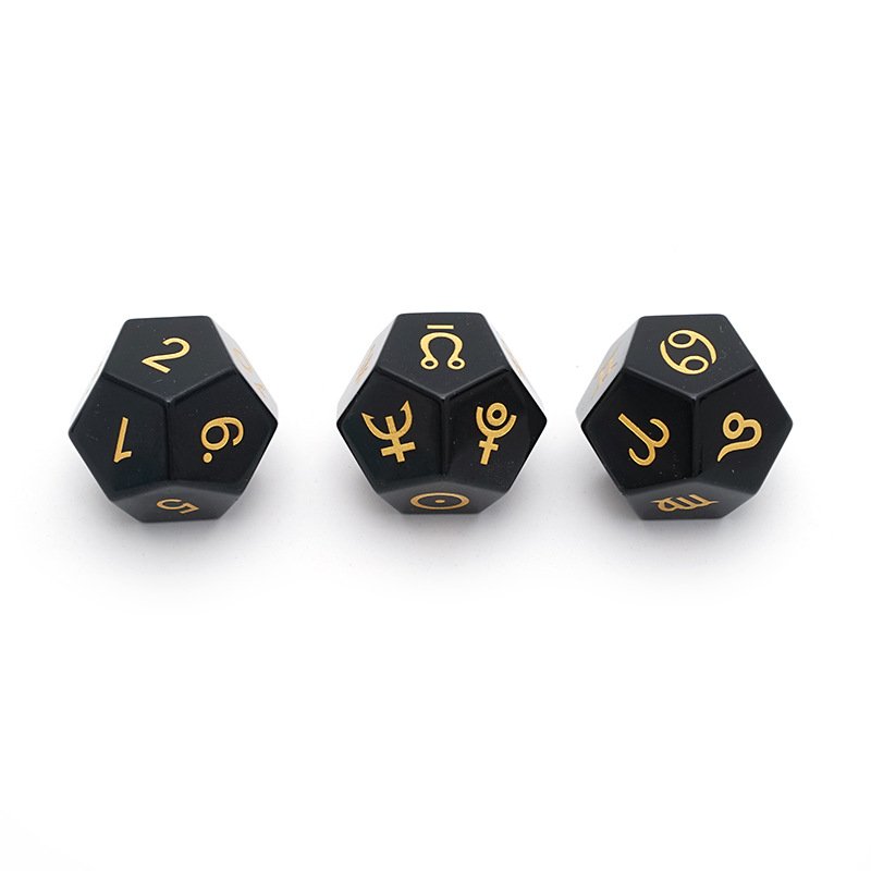 3Pcs D12 Natural Stone Black Obsidian Astrology Dice 12 Sided Zodiac Signs Board Game Dice Tarot Constellation Divination Dice