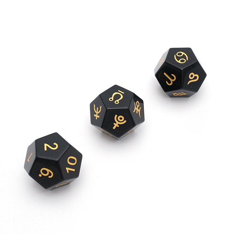 3Pcs D12 Natural Stone Black Obsidian Astrology Dice 12 Sided Zodiac Signs Board Game Dice Tarot Constellation Divination Dice