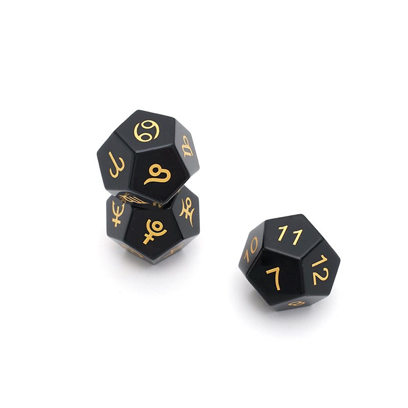 3Pcs D12 Natural Stone Black Obsidian Astrology Dice 12 Sided Zodiac Signs Board Game Dice Tarot Constellation Divination Dice