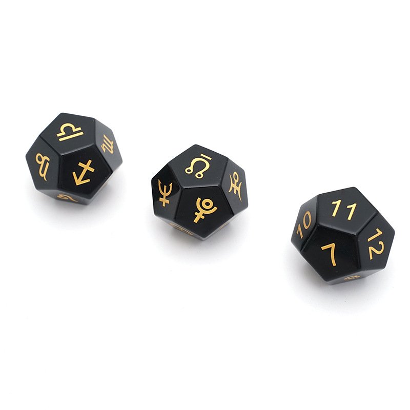 3Pcs D12 Natural Stone Black Obsidian Astrology Dice 12 Sided Zodiac Signs Board Game Dice Tarot Constellation Divination Dice