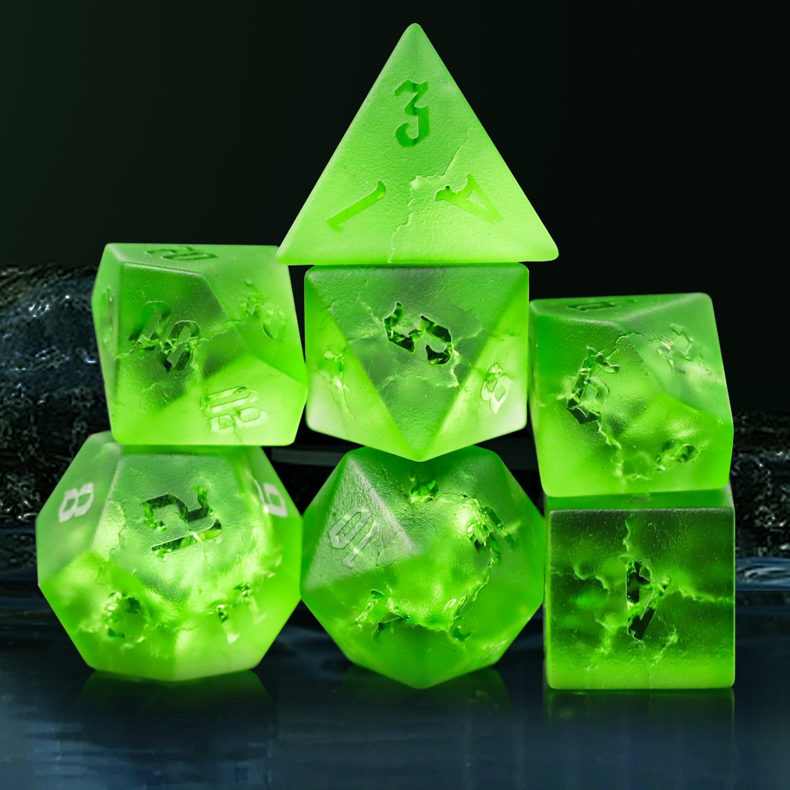 Factory Wholesale Custom Logo DND Green Matte Cracked Glass Dice Set for Dungeons and Dragons RPG