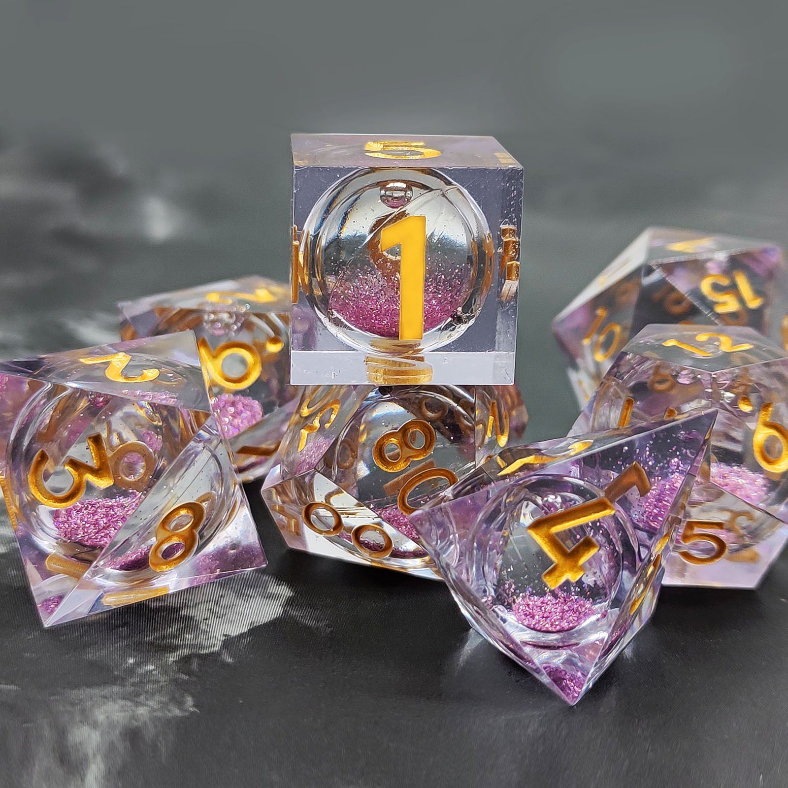 Wholesale polyhedral custom fuzzy crystal dice dungeon and dragon role-playing game dice set D6 D12 D20 dnd resin dice set