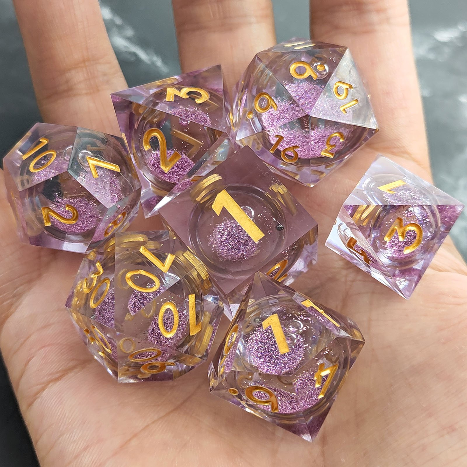 Wholesale polyhedral custom fuzzy crystal dice dungeon and dragon role-playing game dice set D6 D12 D20 dnd resin dice set