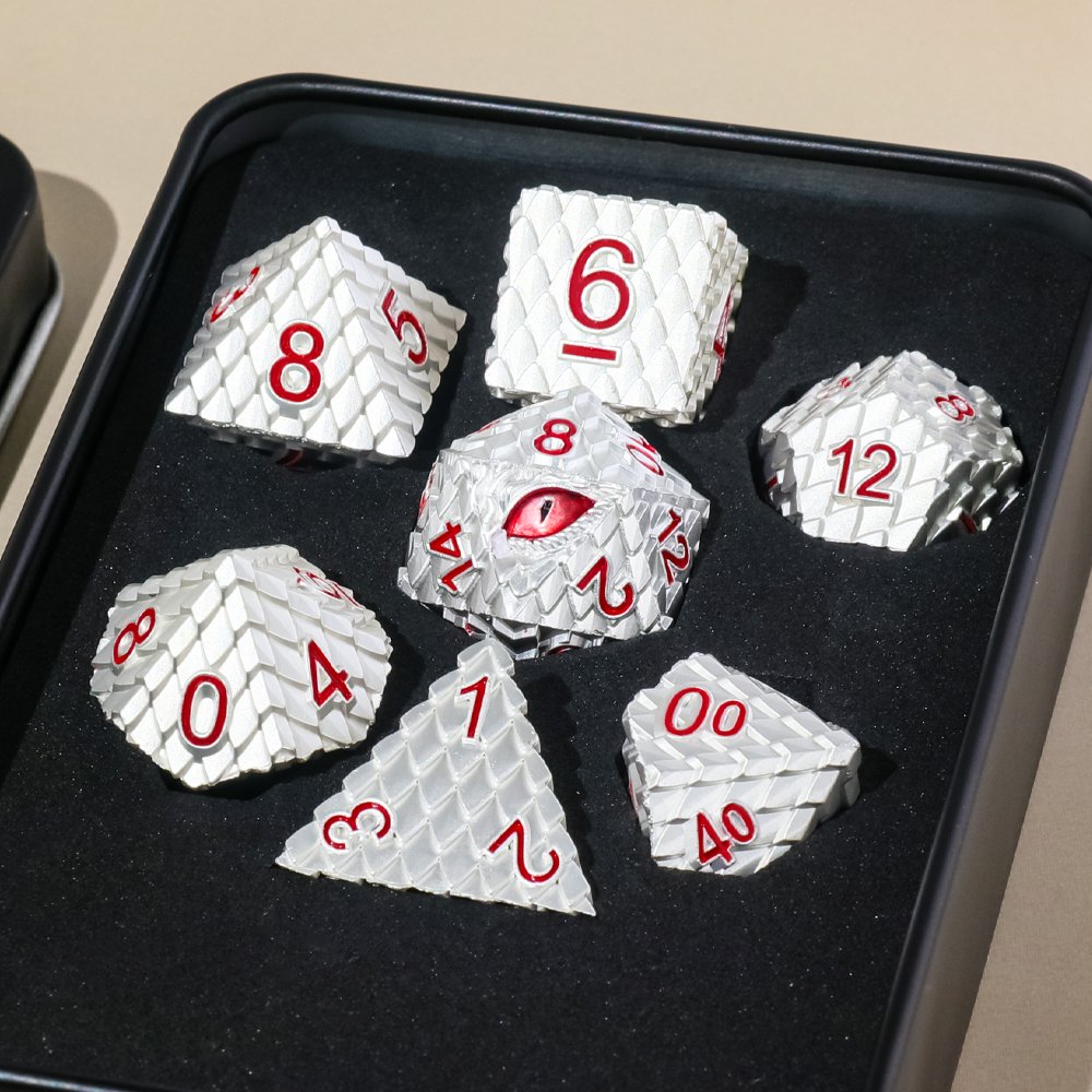 Custom polyhedral metal dice 7 dice set RPG game Silver Dragon-Red Eye dice for Casino games