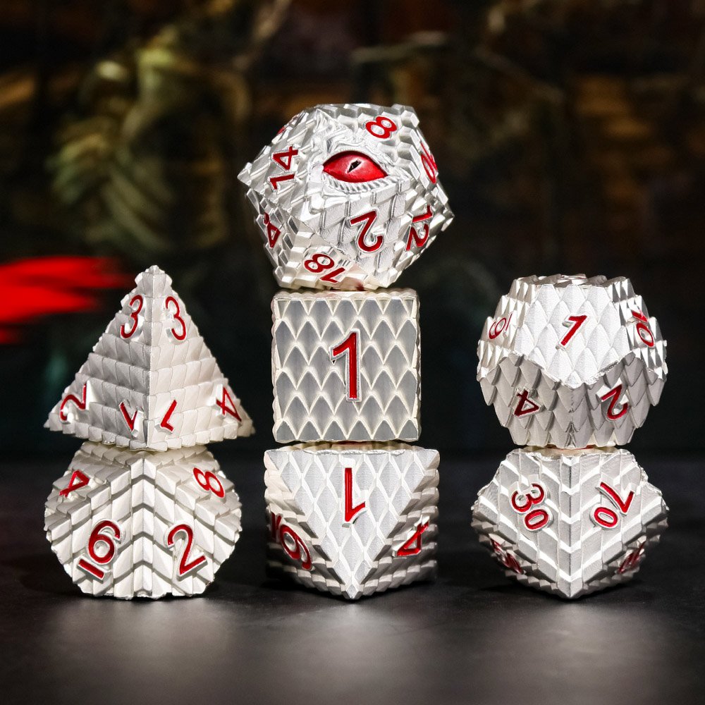 Custom polyhedral metal dice 7 dice set RPG game Silver Dragon-Red Eye dice for Casino games