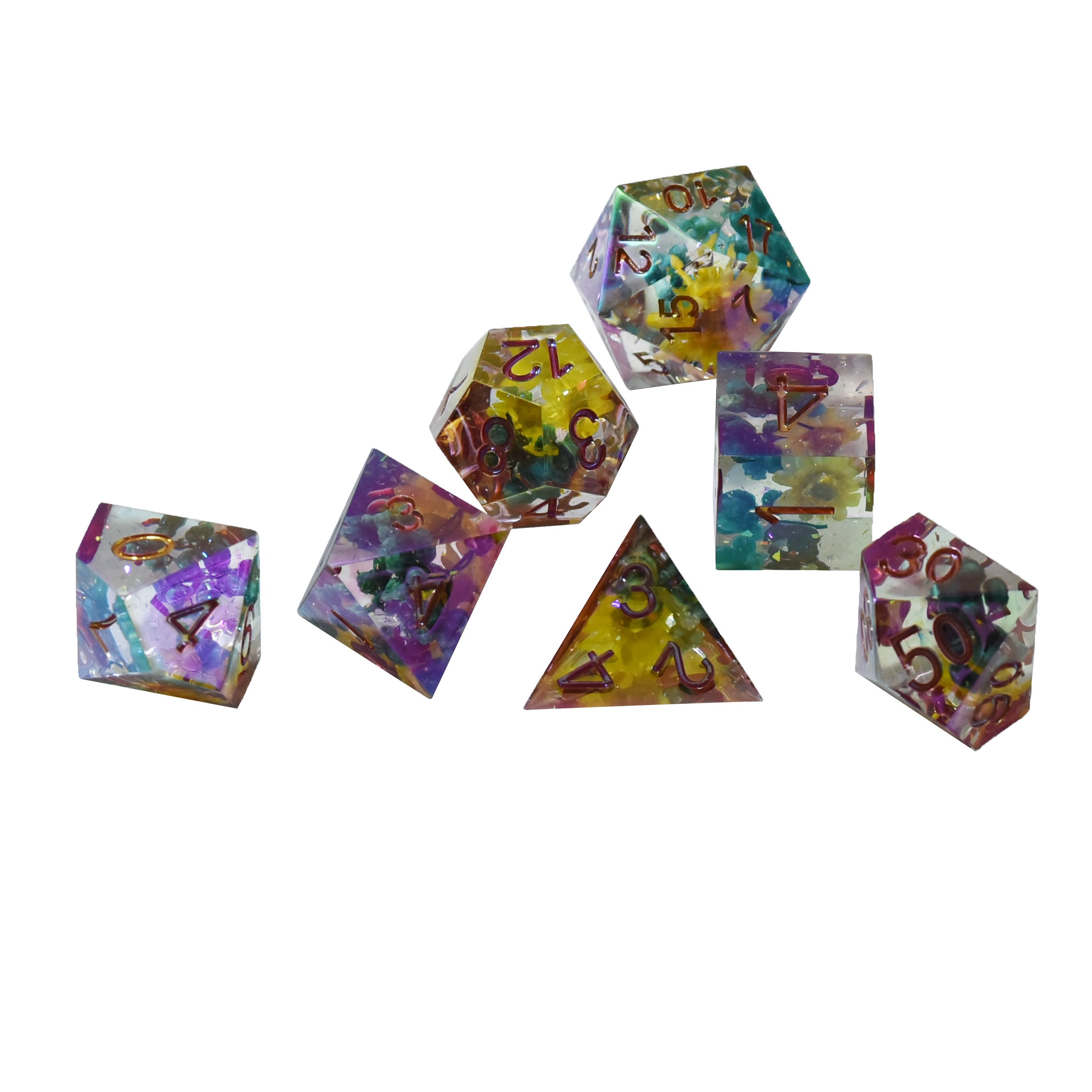 Custom Logo Polyhedral Resin Flower Dice Set 16mm for RPG Dragon and Dungeon DND Desktop Board Games