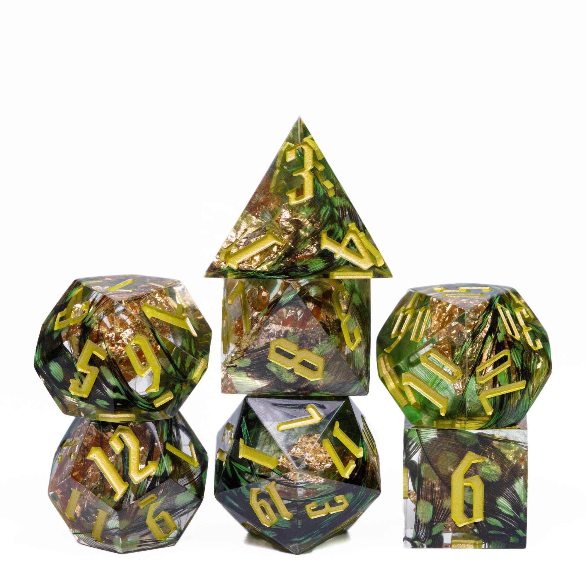 Udixi Sharp Edge Dice RPG Resin Dungeons and Dragons Dice Set Feather Gold Foil