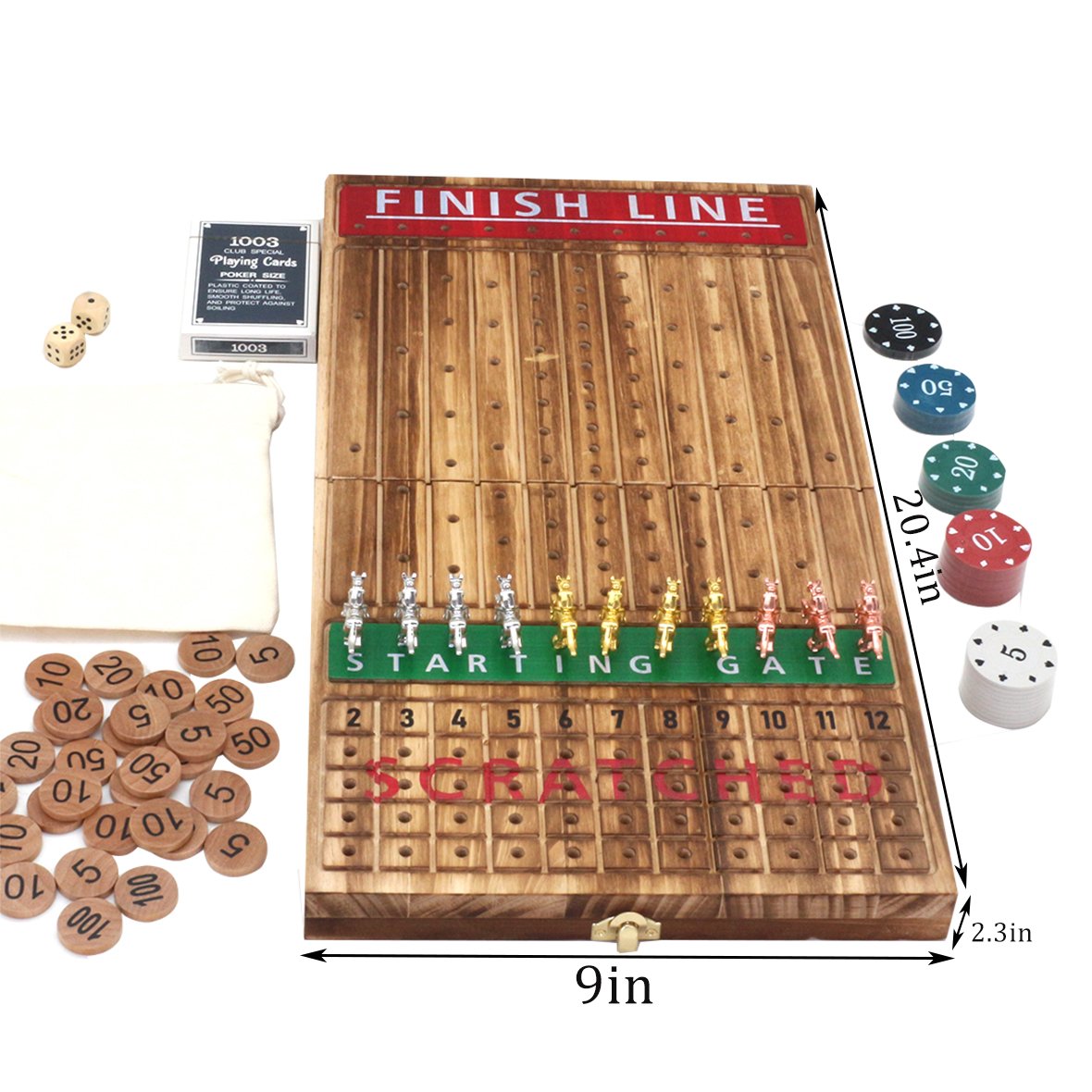 Thickened Solid Wood 11 Luxurious Durable Classic Metal Horses 2 Dice and 1 Boxes of Cards Horse Racing Game Horse Race Board