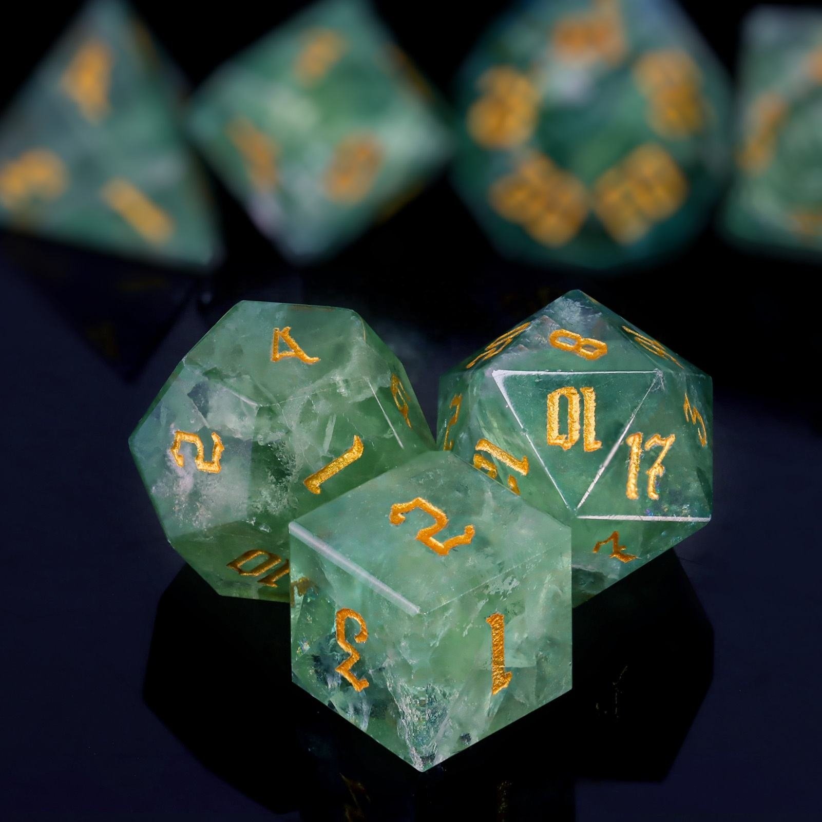 Custom Gemstone DND Dice Natural Stone Green Fluorite Dice Set For Dungeons And Dragons RPG