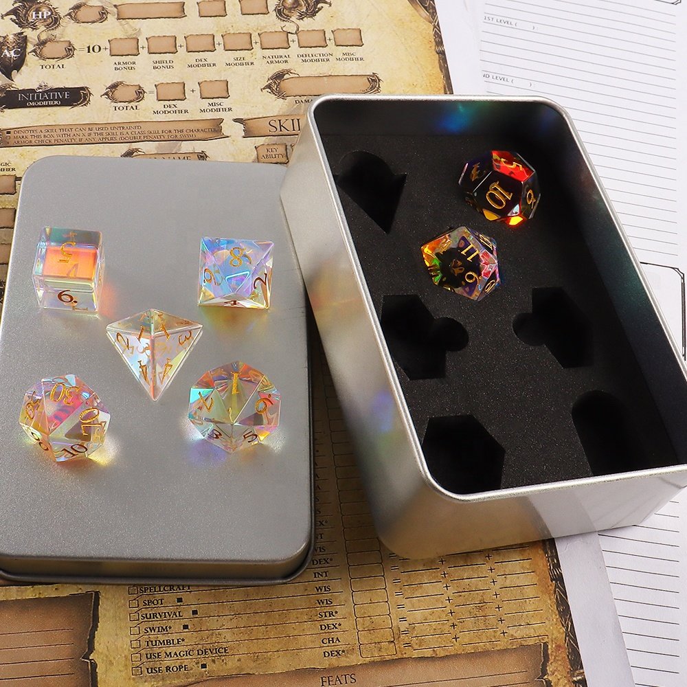 RPG DND Dice Custom Gem Artificial Crystal Dice Rainbow Prism Polyhedral Dice Set