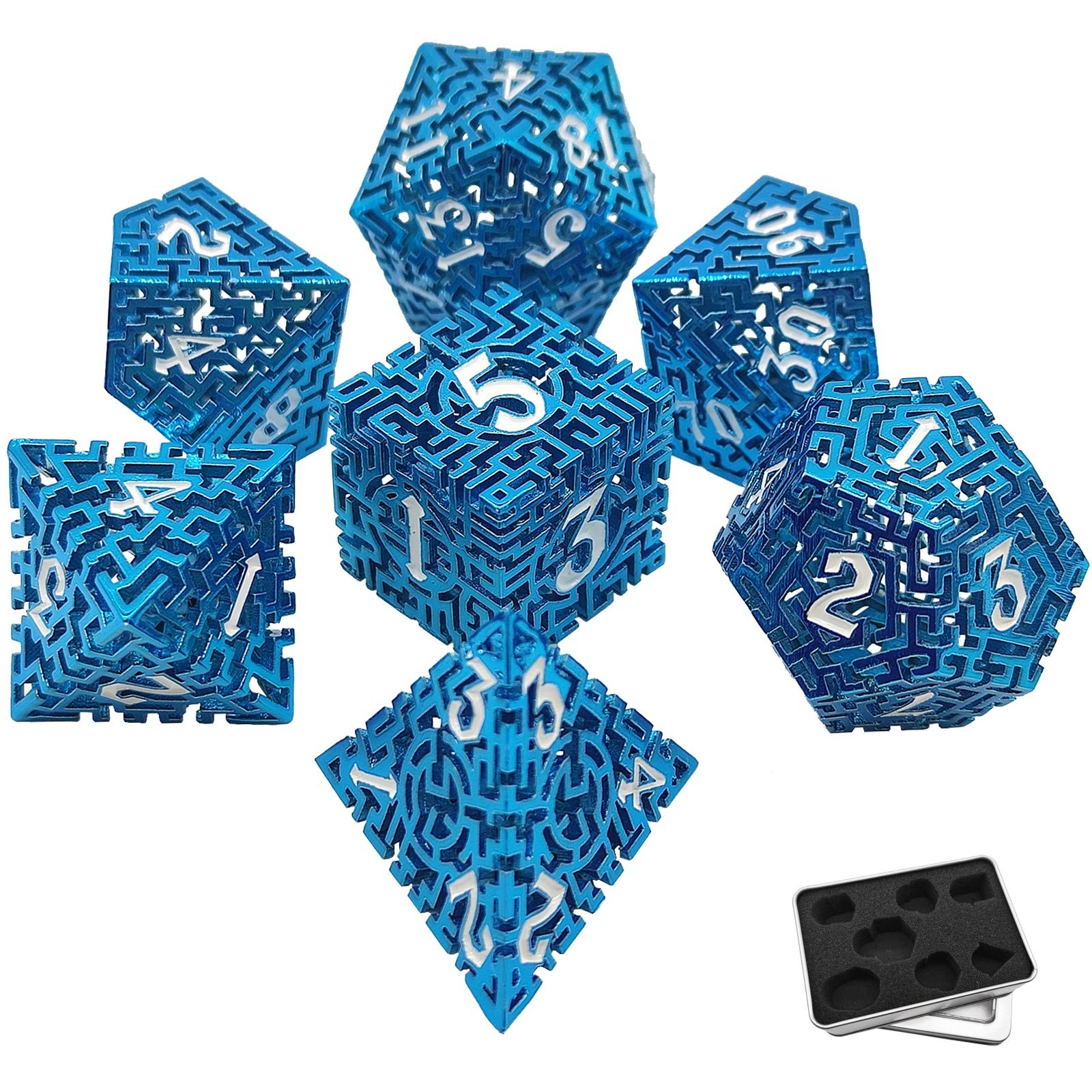 Custom roleplaying with metal box metal polyhedral dice set christmas dice tray D&D RPG D20 D10 black hollow metal dnd dice set