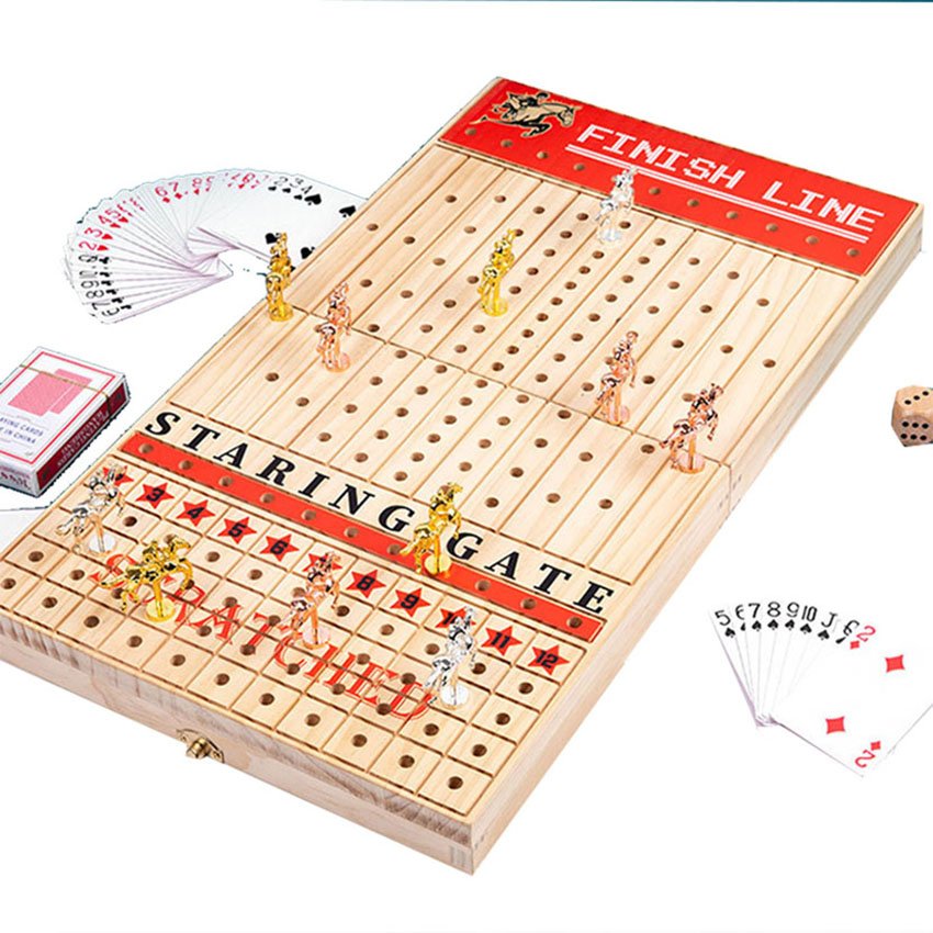 Solid Wooden Board with Metal Horses with 2 Dice and 1 Cards Line for Kids Horse Racing Game