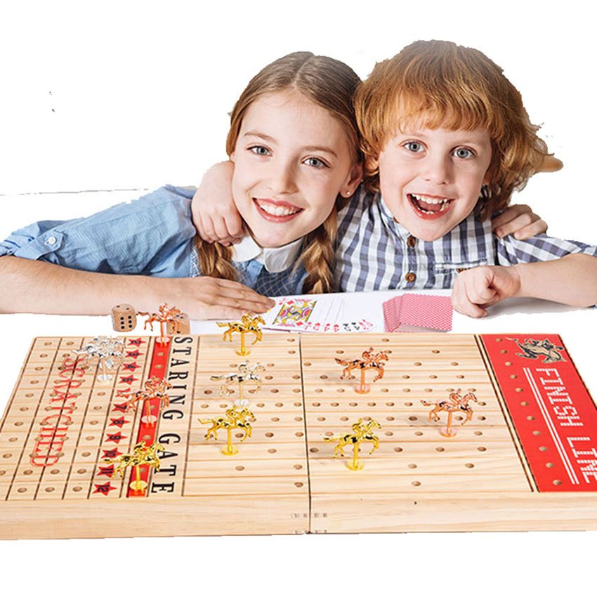 Solid Wooden Board with Metal Horses with 2 Dice and 1 Cards Line for Kids Horse Racing Game