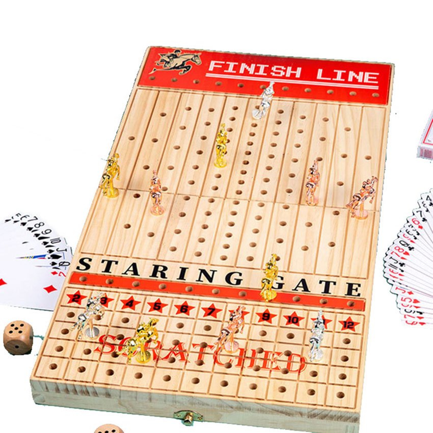 Solid Wooden Board with Metal Horses with 2 Dice and 1 Cards Line for Kids Horse Racing Game