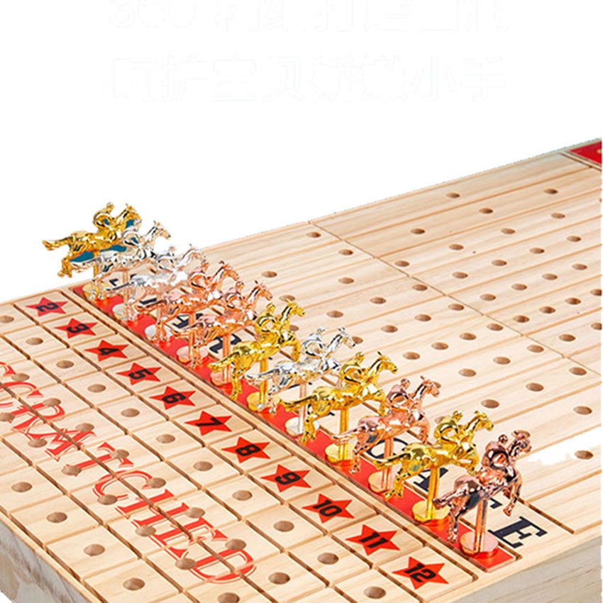Solid Wooden Board with Metal Horses with 2 Dice and 1 Cards Line for Kids Horse Racing Game