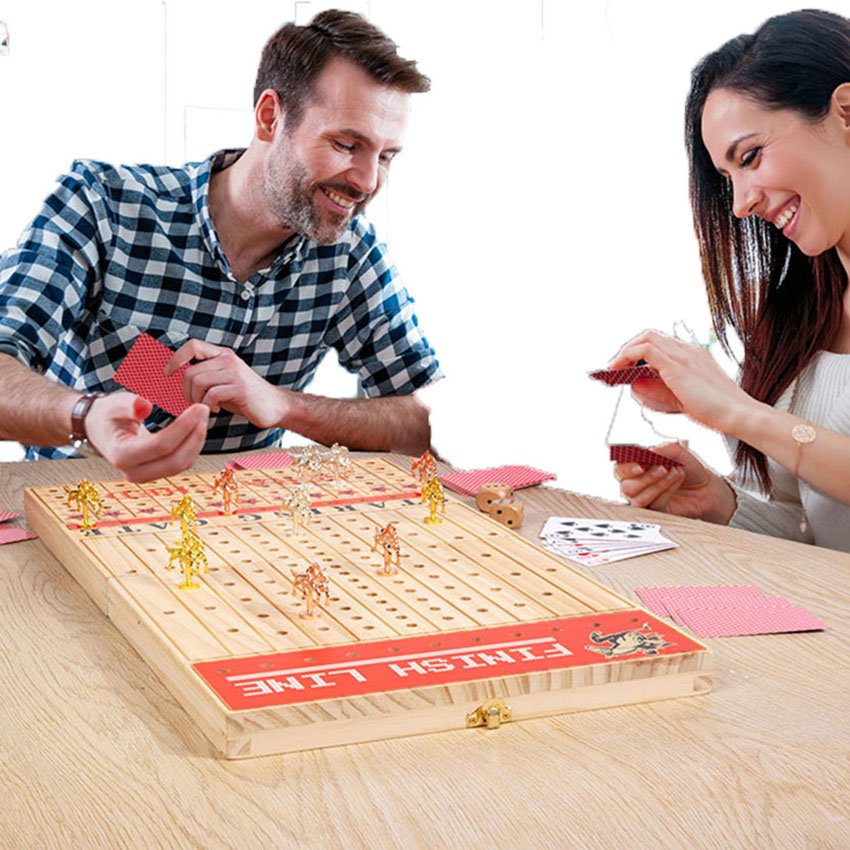 Solid Wooden Board with Metal Horses with 2 Dice and 1 Cards Line for Kids Horse Racing Game