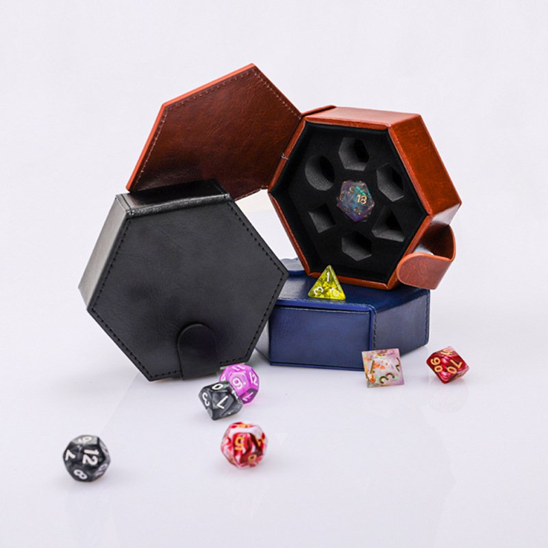 In Stock PU Leather Hexagon Dice Storage Box Custom Dungeons and Dragons RPG Board Game DND Dice Tray