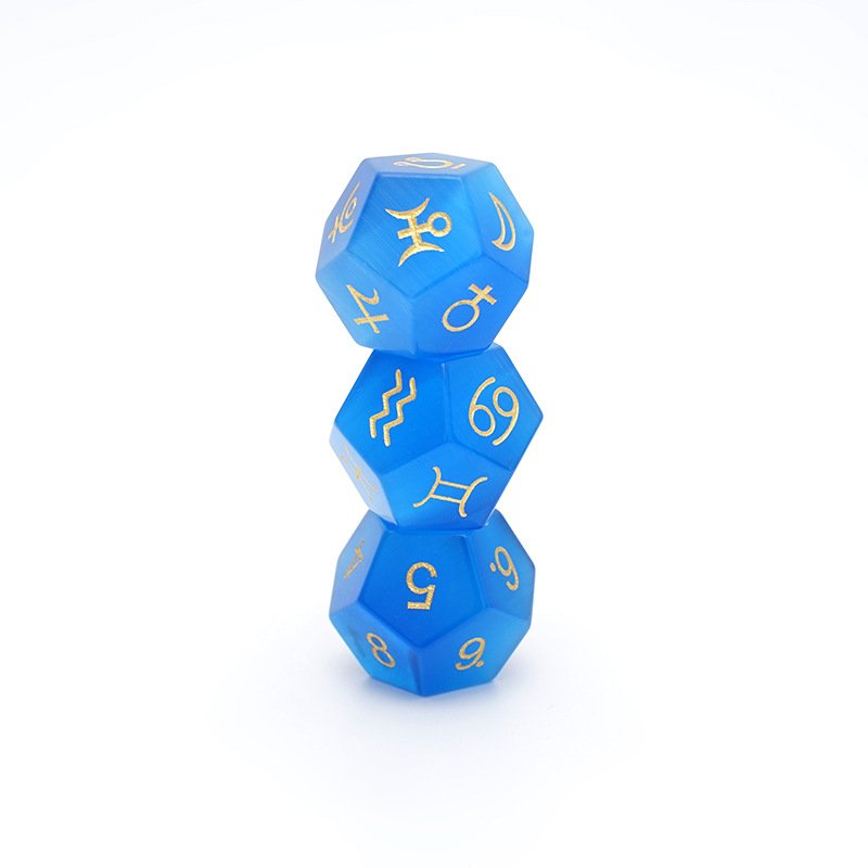 D12 Blue Cat's Eye Glass Astrological Dice for Constellation Divination Tarot Table Game 3Pcs/set Zodiac Signs Astrology Dice