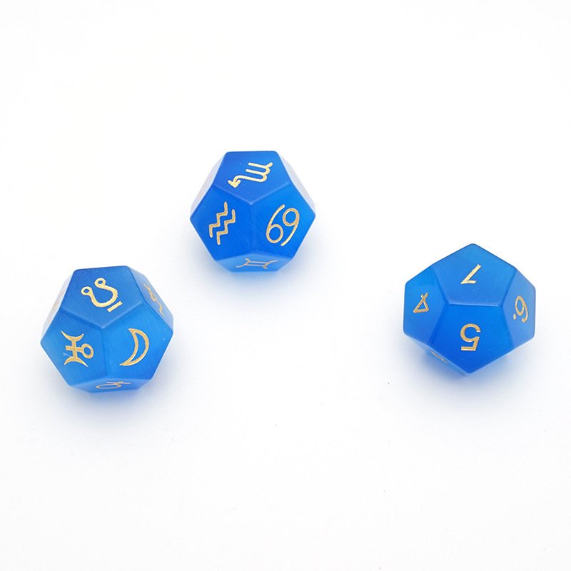 D12 Blue Cat's Eye Glass Astrological Dice for Constellation Divination Tarot Table Game 3Pcs/set Zodiac Signs Astrology Dice