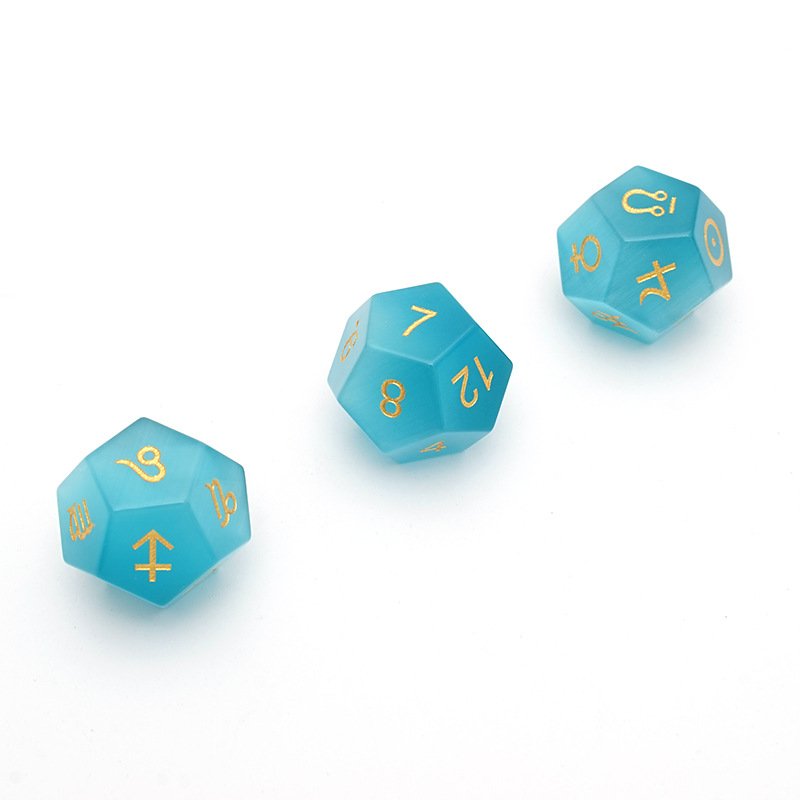 D12 Blue Cat's Eye Glass Astrological Dice for Constellation Divination Tarot Table Game 3Pcs/set Zodiac Signs Astrology Dice