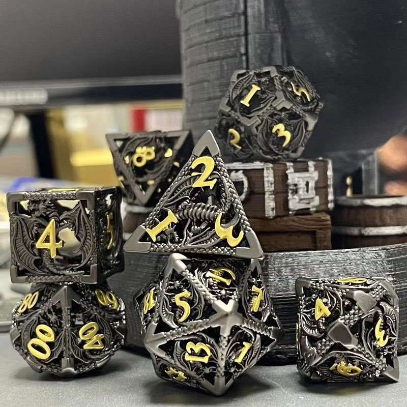 2024 Wholesale of New Hollow Dice Custom Luxury Polyhedral Dnd Dice Box Packaging Edge Hollow Metal Dnd Dragon Dice
