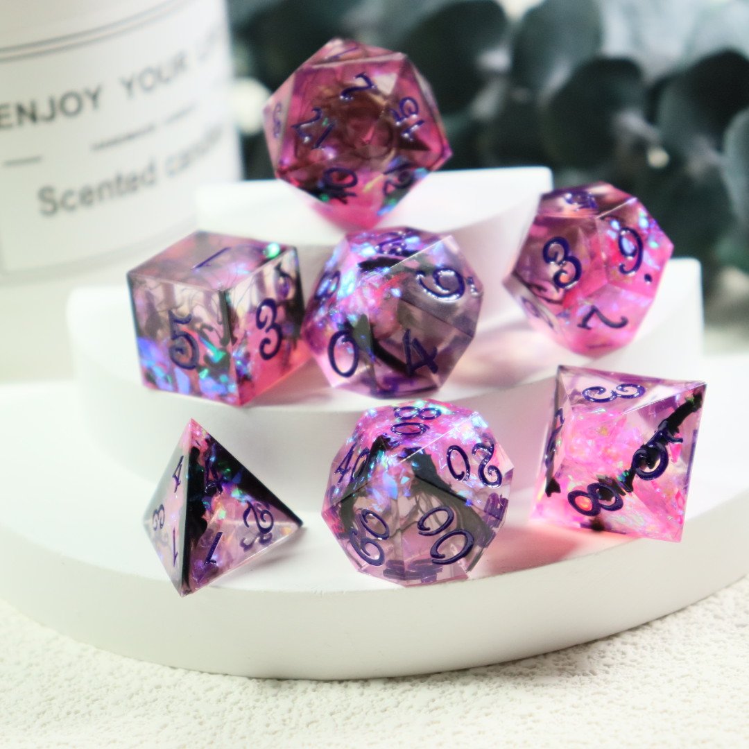 manufacturer whole sale purple red Polyhedral resin Dice within glitter paper for DND Game Party