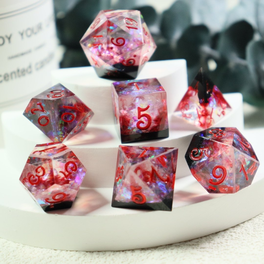 manufacturer whole sale purple red Polyhedral resin Dice within glitter paper for DND Game Party