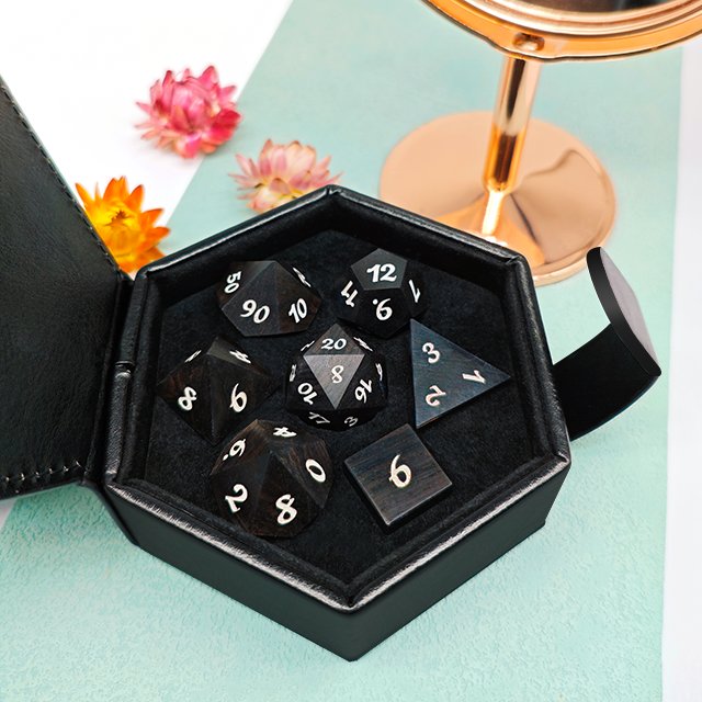 Black Wooden Polyhedral Dnd Rpg Dice Set For Dungeons And Dragons