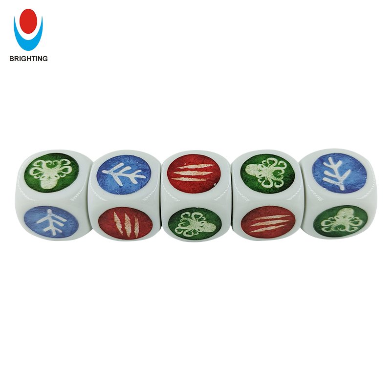 Custom Children's D6 Playing Dice Wood and Acrylic with Paper and Plastic Sticker Design for Education and Board Games