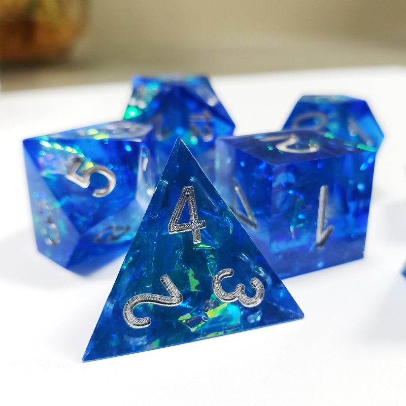 Custom Polyhedral Royal Blue Glowing Plastic 7pcs D&D Dice Set Ttrpg And Tabletop Gaming Resin Dice Accessory