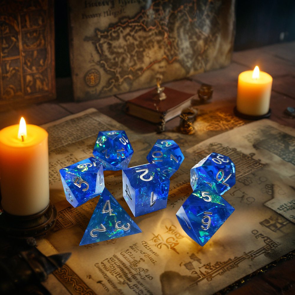 Custom Polyhedral Royal Blue Glowing Plastic 7pcs D&D Dice Set Ttrpg And Tabletop Gaming Resin Dice Accessory