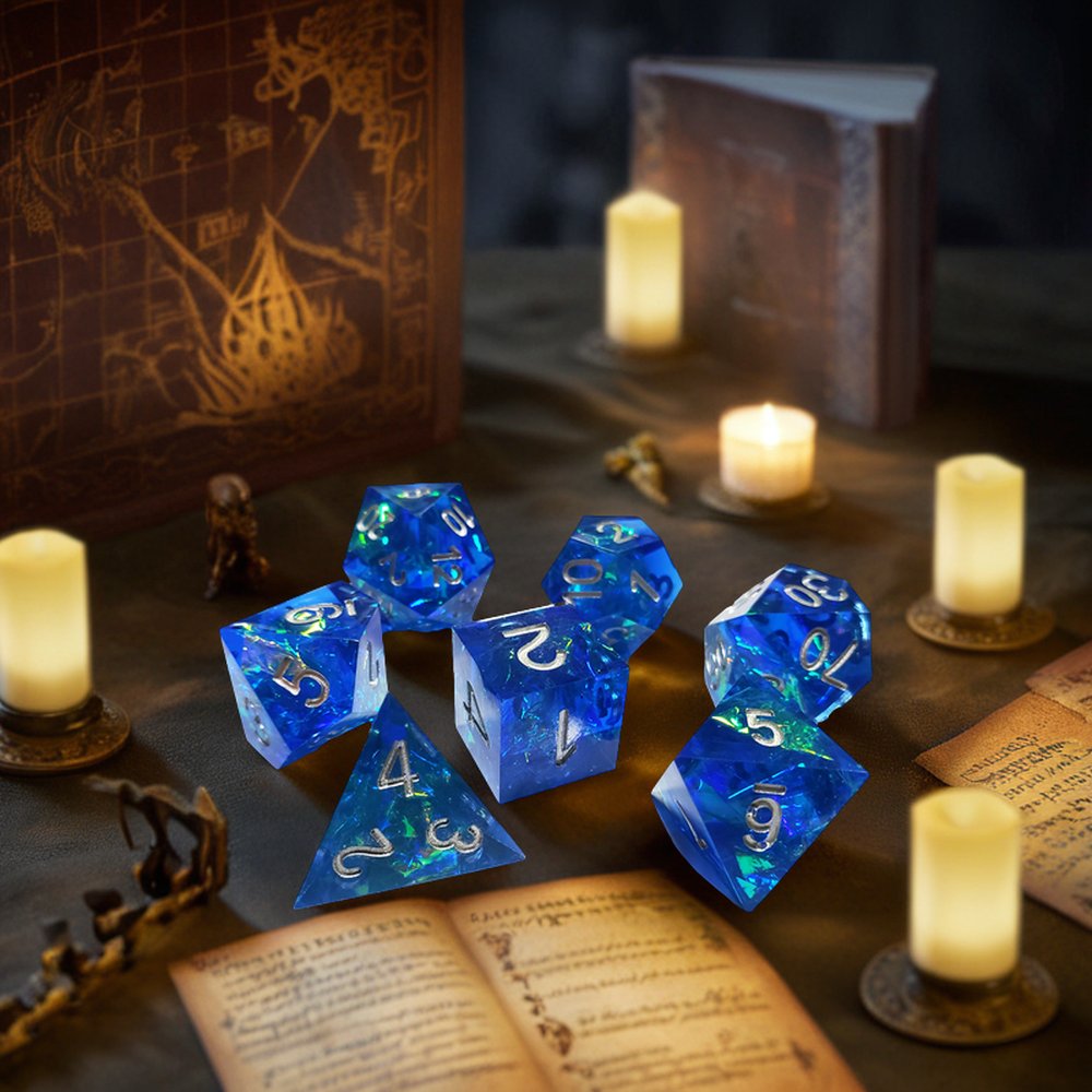 Custom Polyhedral Royal Blue Glowing Plastic 7pcs D&D Dice Set Ttrpg And Tabletop Gaming Resin Dice Accessory