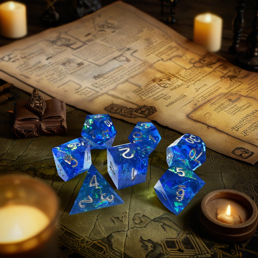 Custom Polyhedral Royal Blue Glowing Plastic 7pcs D&D Dice Set Ttrpg And Tabletop Gaming Resin Dice Accessory