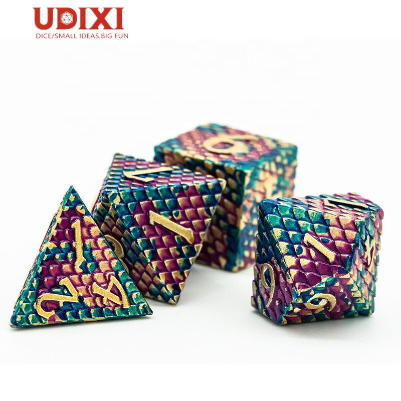 Udixi Polyhedral RPG Metal dungeons and dragons custom logo Dice Set Dragon Scale Pattern Purple&Blue