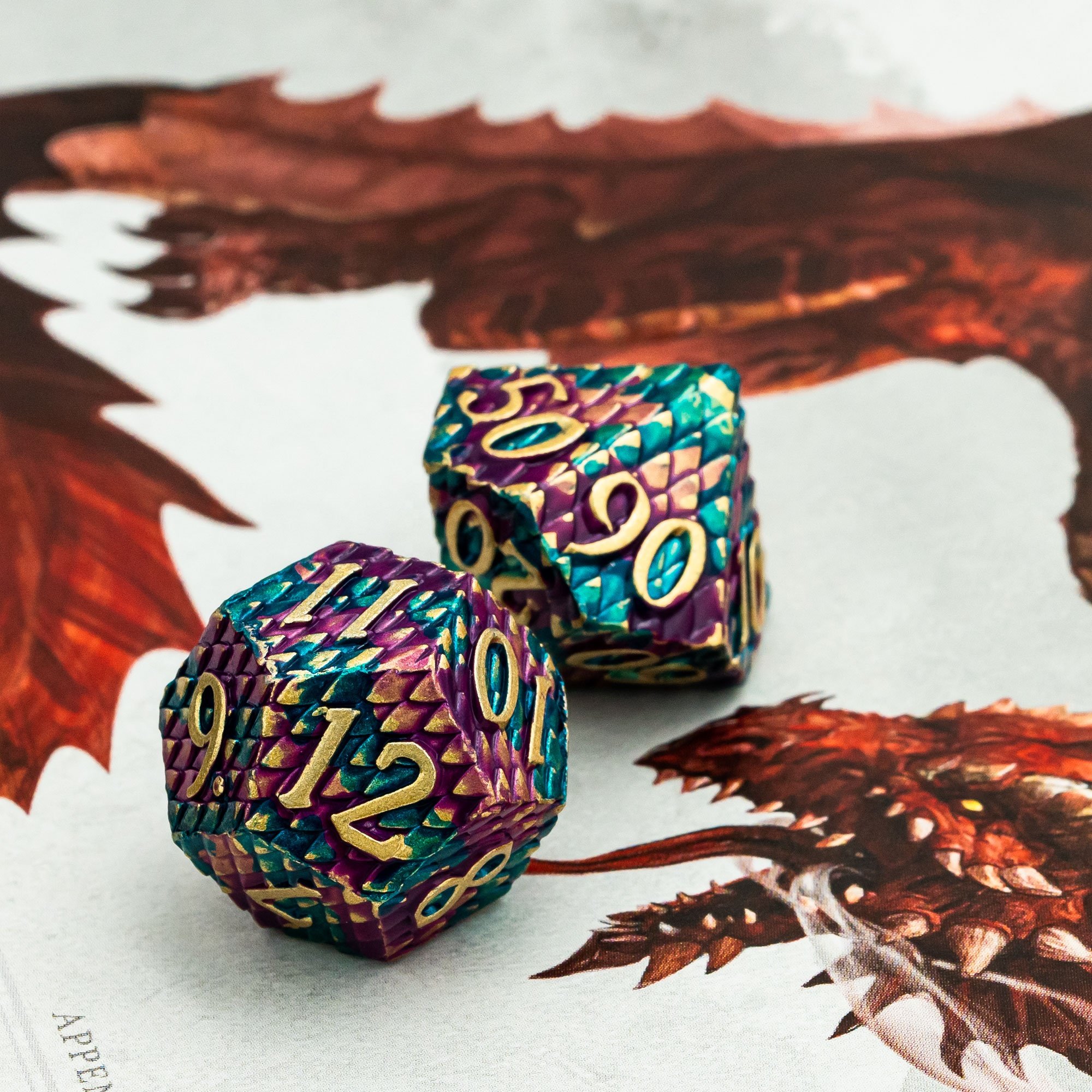 Udixi Polyhedral RPG Metal dungeons and dragons custom logo Dice Set Dragon Scale Pattern Purple&Blue