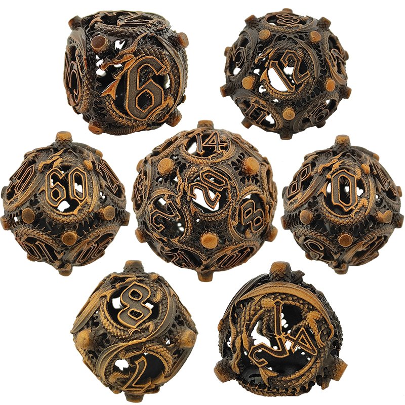 Mini Planet Wholesale RPG Board Games Handmade polyhedral Hollow Copper Metal 7pcs Dice Set Custom Logo for DND MTG Players