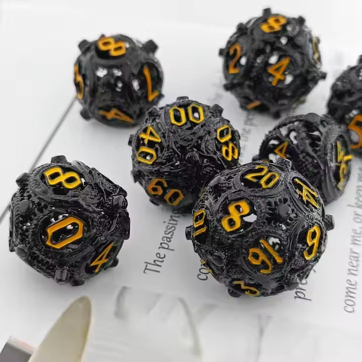 Mini Planet Wholesale RPG Board Games Handmade polyhedral Hollow Copper Metal 7pcs Dice Set Custom Logo for DND MTG Players