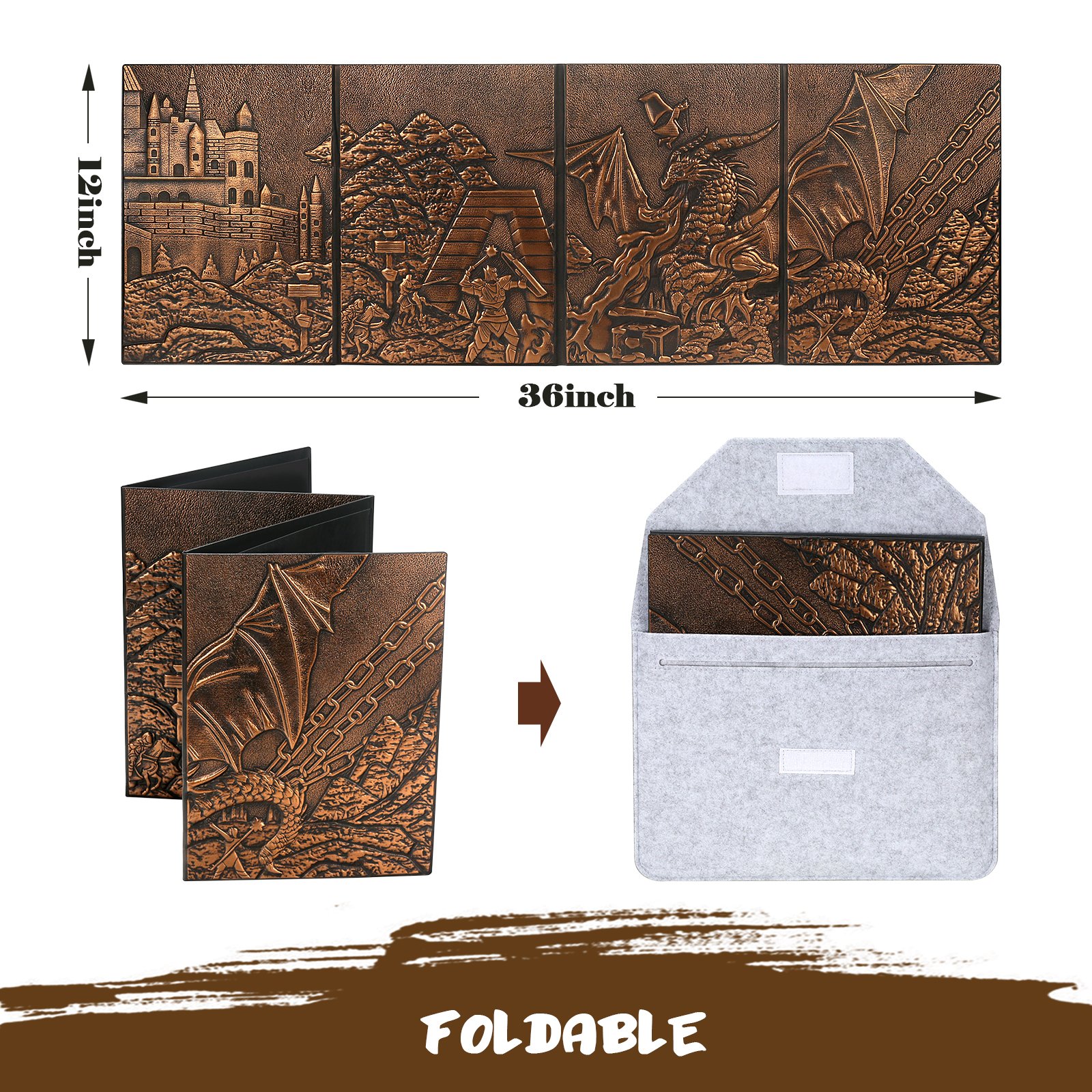 2024 Dungeon Master's Screen Faux Leather Embossed Dragon & Mimic Four-Panel with Pockets Dungeons & Dragons DM Accessories