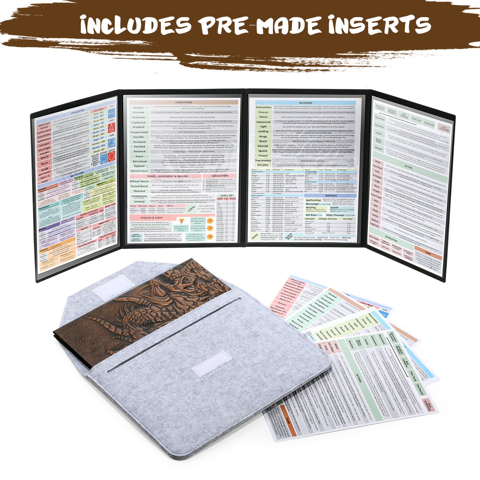 2024 Dungeon Master's Screen Faux Leather Embossed Dragon & Mimic Four-Panel with Pockets Dungeons & Dragons DM Accessories