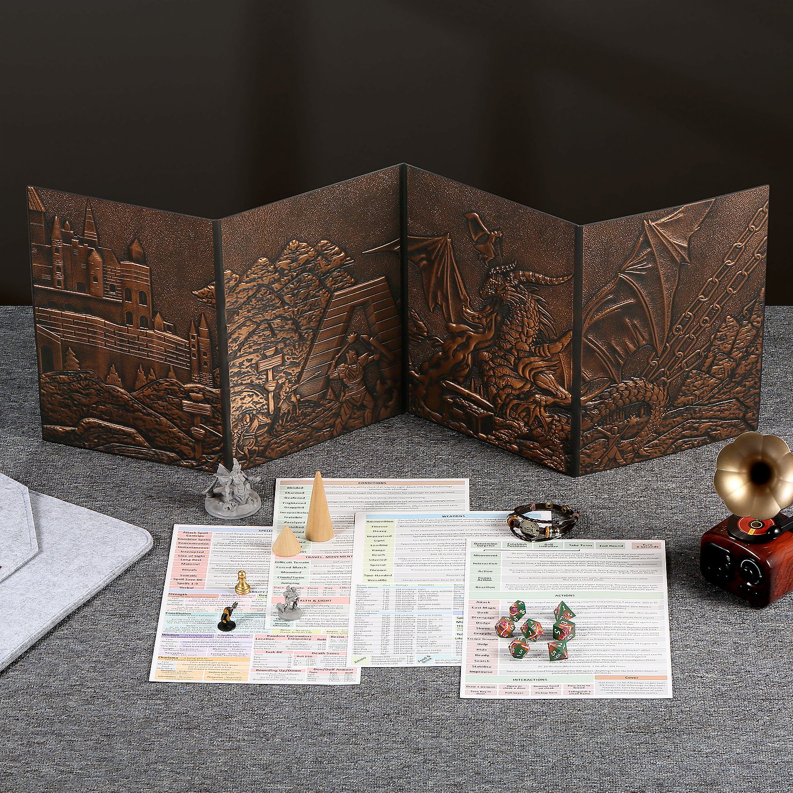2024 Dungeon Master's Screen Faux Leather Embossed Dragon & Mimic Four-Panel with Pockets Dungeons & Dragons DM Accessories