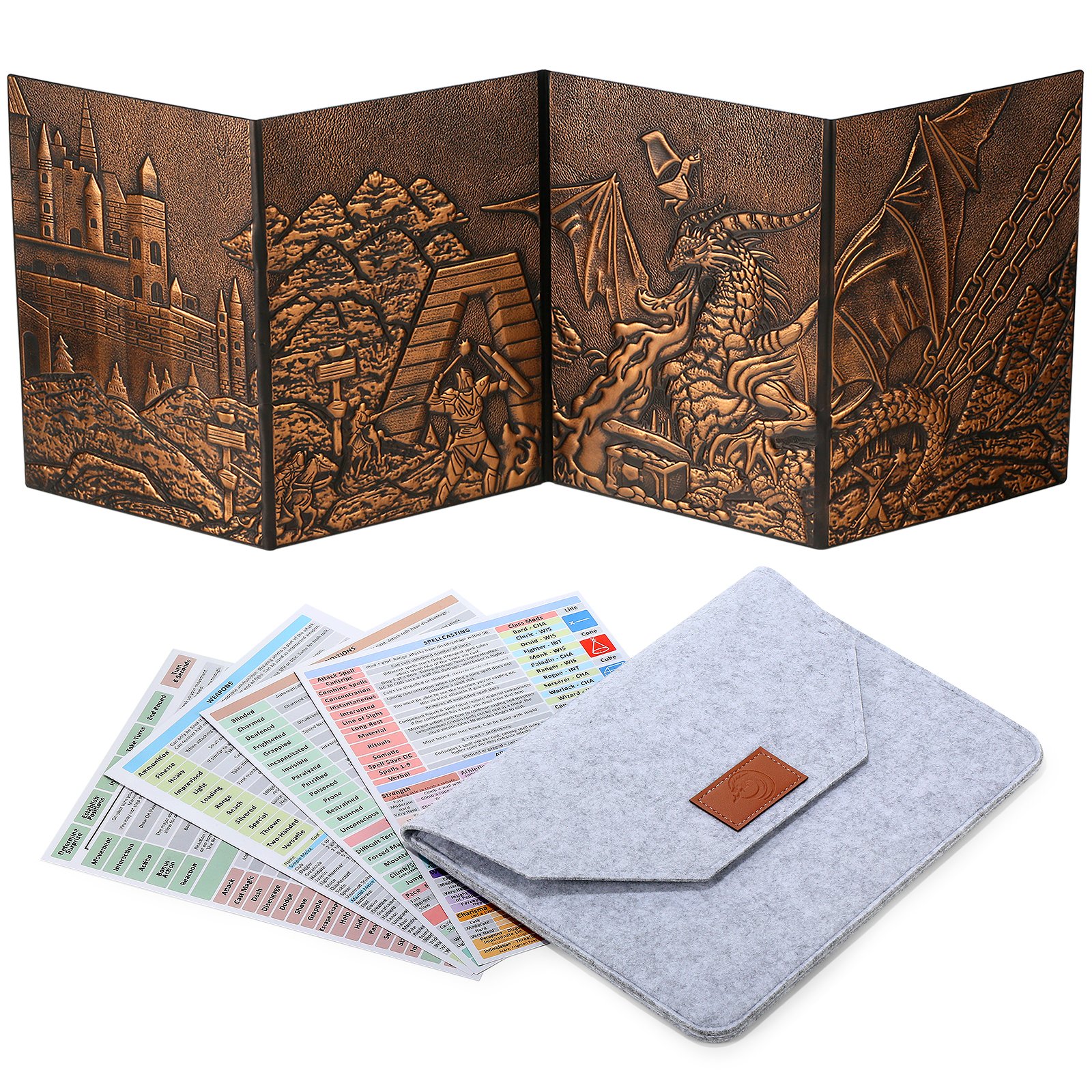 2024 Dungeon Master's Screen Faux Leather Embossed Dragon & Mimic Four-Panel with Pockets Dungeons & Dragons DM Accessories