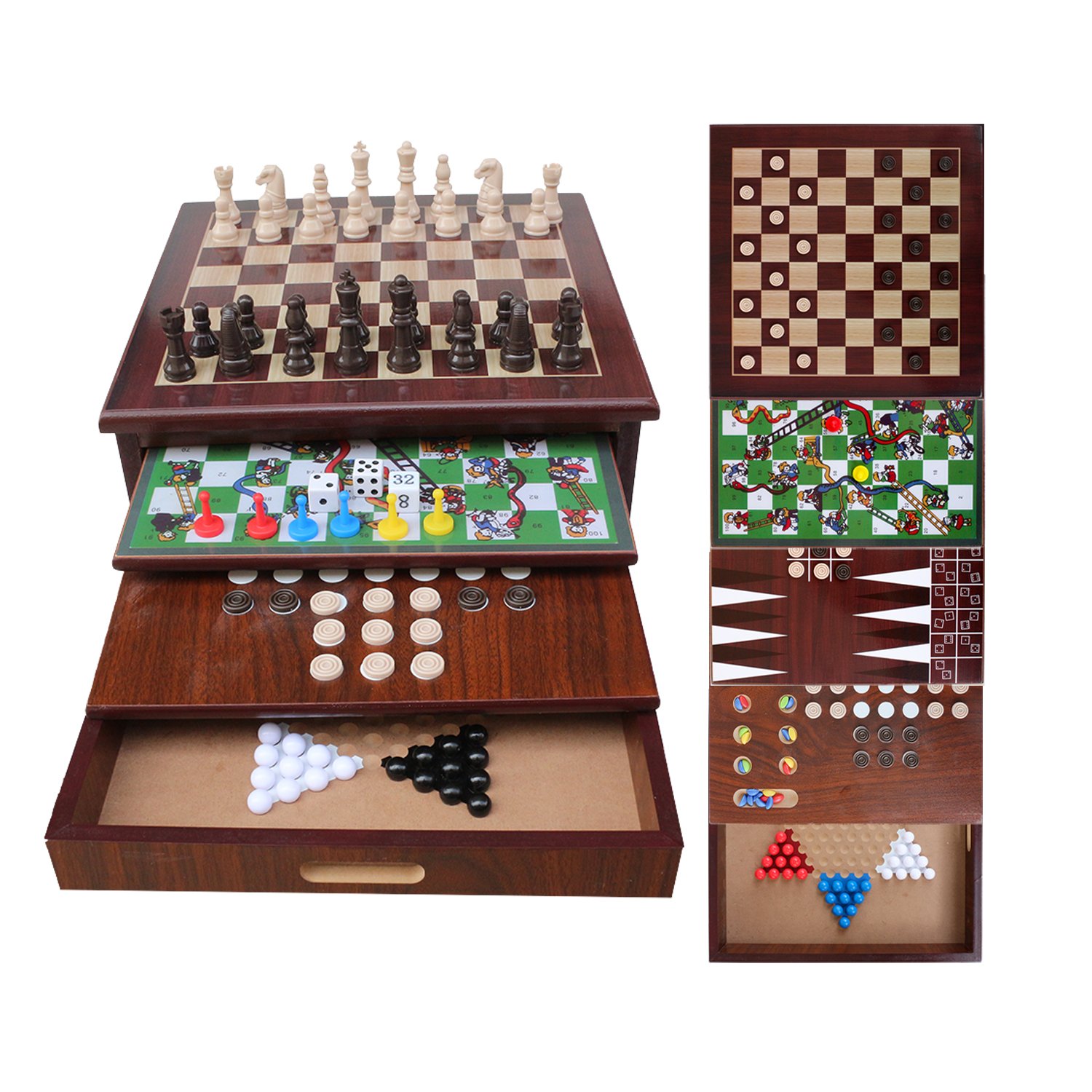 10-in-1 Tabletop Game Center Portable Wooden Combo Board Unique Set with Dice Dominos Playing Cards Game Pieces for Kids Adults