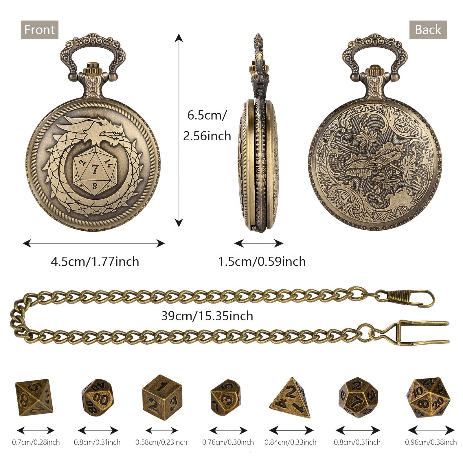Premium D20 Dragon Pocket Watch Shell DND Dice Case with Mini Metal Dice Set