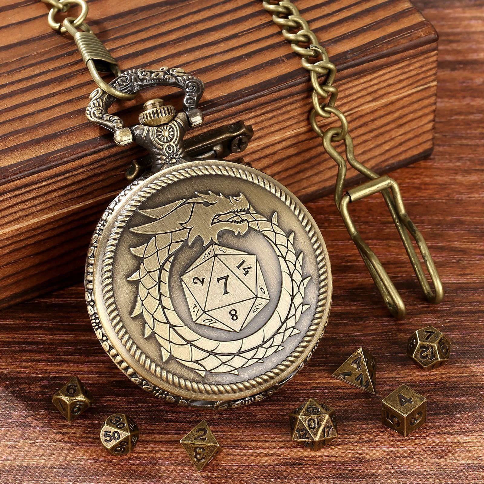Premium D20 Dragon Pocket Watch Shell DND Dice Case with Mini Metal Dice Set