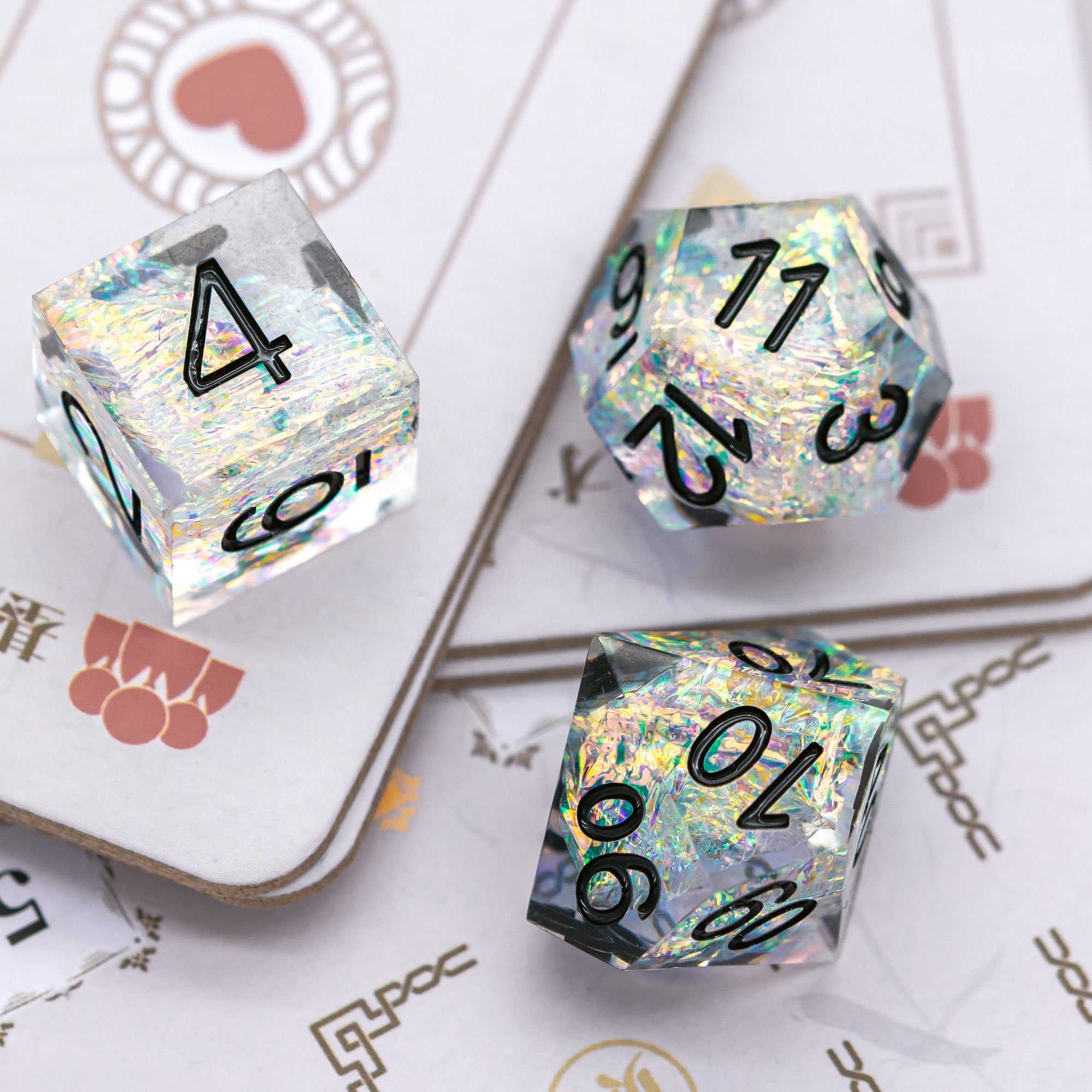 Udixi Resin Sharp Edge dice custom logo Dungeons and Dragons RPG Dice Set White