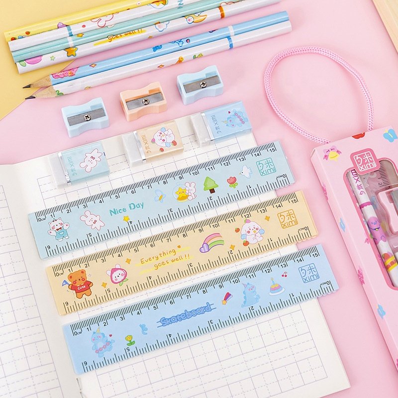 Wholesale school cartoon cute ruler sharpener pencil and eraser kids stationery set
