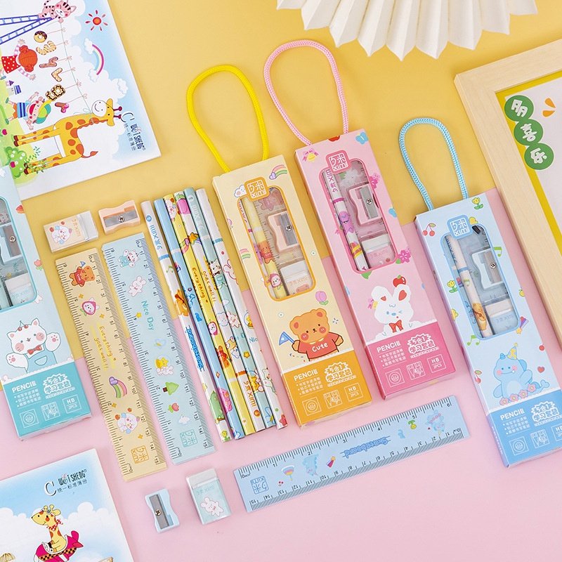 Wholesale school cartoon cute ruler sharpener pencil and eraser kids stationery set