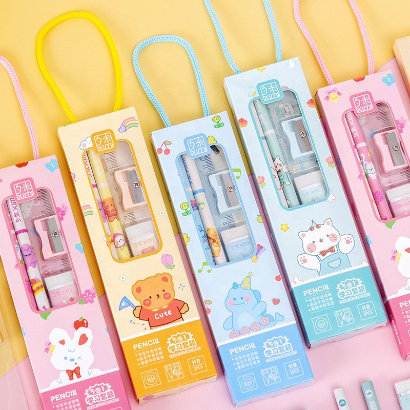 Wholesale school cartoon cute ruler sharpener pencil and eraser kids stationery set