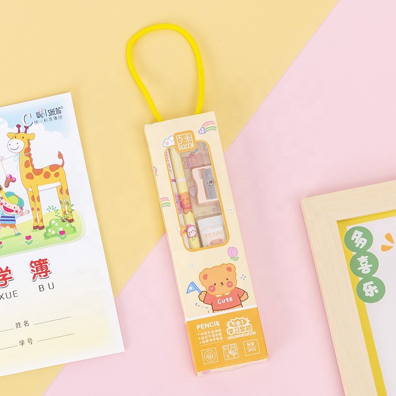 Wholesale school cartoon cute ruler sharpener pencil and eraser kids stationery set